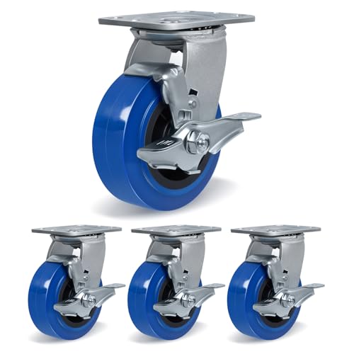 5'' X 2'' Casters, Heavy Duty Caster Wheels, Industrial Swivel Casters Set of 4 with Load 3200lbs, Polyurethane on Polyolefin Core with Roller Bearing (4 Brake) - style: 4 Brake