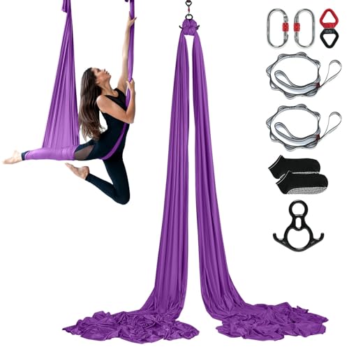 Happybuy Aerial Silk & Yoga Swing, 8.7 Yards, Aerial Yoga Hammock Kit, 100gsm Nylon Fabric, Full Rigging Hardware, Purple, Antigravity Flying for All Levels