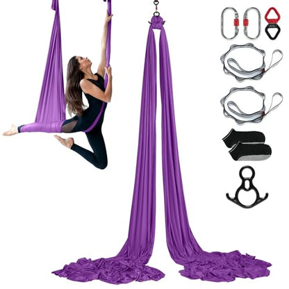 Happybuy Aerial Silk & Yoga Swing, 8.7 Yards, Aerial Yoga Hammock Kit, 100gsm Nylon Fabric, Full Rigging Hardware, Purple, Antigravity Flying for All Levels