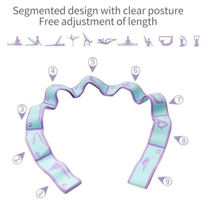 2 Pack 9-Loop Stretch Strap with Pose Guide Pattern, Elastic Yoga Band for Dance, Pilates, Gymnastics, Flexibility Exercise, Kids Workout Training, Youth Ballet Belt - color: Blue+Pink