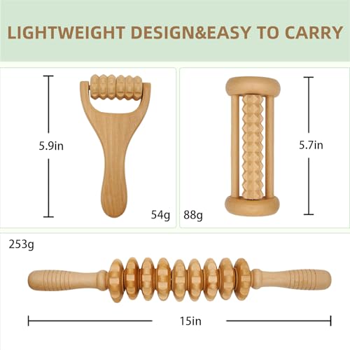 3Pcs Wooden Massage Tools, Massage Roller, Foot Roller for Plantar Fasciitis Relief, Roller for Muscles Deep Tissue Massage, Lymphatic Drainage Massager