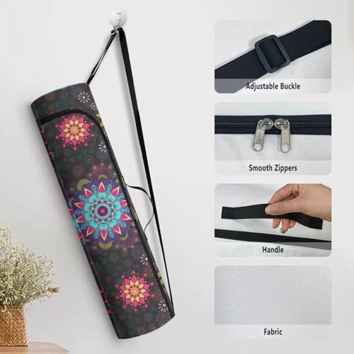 Yoga Mat Bag Portable Yoga Mat Holder with Adjustable Strap Lighweight Gym Tote Bag with Handle - color: Boho Mandala Black