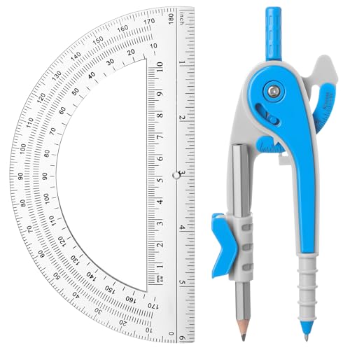 EBOOT Student Geometry Math Set, Drawing Compass and 6 Inch Clear Swing Arm Protractors 180 Degree Math Protractor(Blue) - color: Blue