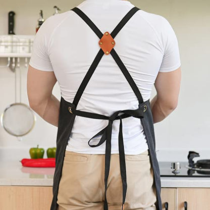 Aoomzoon Canvas Aprons for Men Chef Apron, Work Apron with Large Pockets - 16oz Heavy Duty Cross Back, BBQ, Cooking - color: Black②