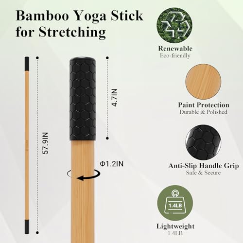 PAETA Yoga Stick for Stretching, 5ft Exercise Stick for Mobility & Flexibility, Bamboo Stretch Bar and Posture Pole with Non-Slip Grip - Includes Free Video Guide - color: Natural Bamboo