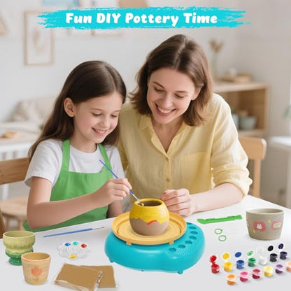 Pottery Wheel for Kids with Air Dry Clay Kit, 12 Paints & Tools, Ages 6-12 | No kiln needed: shape on the electric wheel, air-dry & paint. Gentle beginner speed; kit adds 3 clay packs, tools & apron - color: yellow/cyan