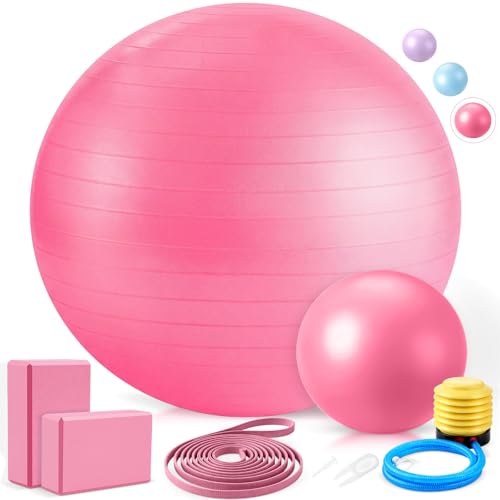 6-in-1 Yoga Balls and Yoga Block Set with Strap Foot Pump, Exercise Pregnancy Balls for Birthing, Pilates Kit Fitness Physical Therapy Home Gym Workout Equipment - color: Pink