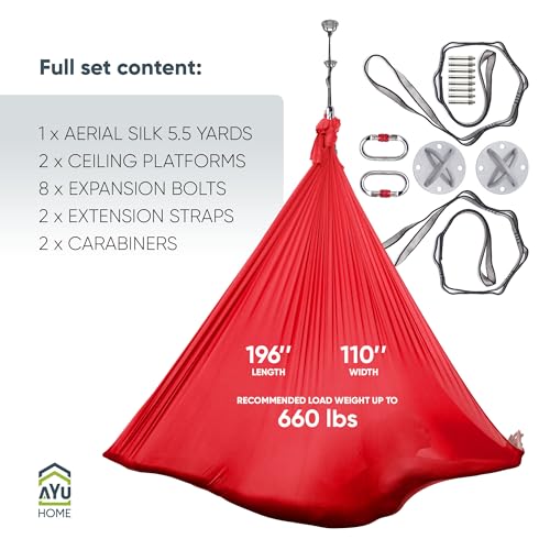 AyuHome Aerial Silks Yoga Swing Aerial Hammock Kit for Home | Premium aerial silks yoga swing kit with rigging hardware for aerial yoga, gymnastics, and home fitness - color: Aerial silk - Red - New