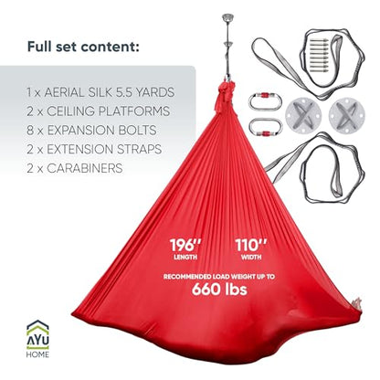 AyuHome Aerial Silks Yoga Swing Aerial Hammock Kit for Home | Premium aerial silks yoga swing kit with rigging hardware for aerial yoga, gymnastics, and home fitness - color: Aerial silk - Red - New
