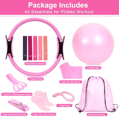 Home Pilates Essentials Kit for Women, Pilates Kit for Home Workouts, Pilates Equipment with Figure 8 Resistance Band, 14" Magic Circle, Yoga Ring, Pilates Accessories Set for Starter Workout
