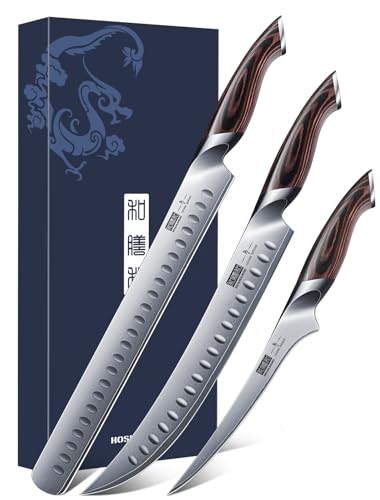 HOSHANHO Carving Knife Set 3PCS, Japanese Brisket Slicing Knife Sets | Ultra Sharp Japanese High Carbon Steel Butcher Knife Breaking Knife Boning Knife for Meat Cutting, Ergonomic Handle, Gifts - size: 12"