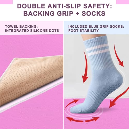 Upgraded Yoga Mat Towel with Bonus Grip Socks, Elegant Embroidered - color: Orchid Purple