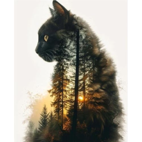 Clendo Forest Cat Paint by Numbers for Adults, Painting by Numbers Kit on Canvas for Beginners, Adults' Paint-by-Number Kits Oil Painting Kits for Gift Home Wall Decor 16x20 Inch - color: MT20706-US, size: Frameless