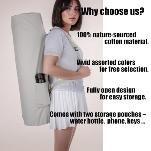 Cotton yoga mat bag with Pockets and Adjustable Strap - Full Zip Cargo Yoga Mat Carrier Bag - Bag for 1/4" 1/3" Thick Yoga Mat - color: Grey, size: XL