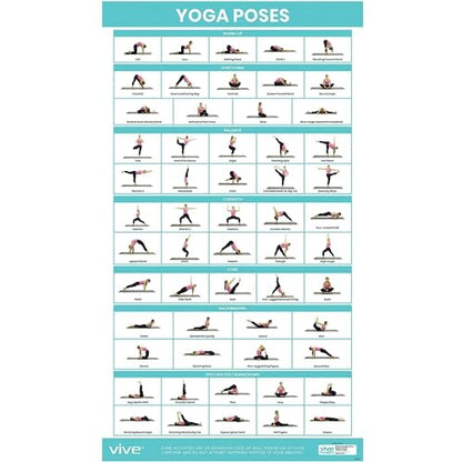 Vive Yoga Poster - Poses for Beginners and Experts - Mat Exercise Home Gym | Workout Accessories Set- Double Sided Laminated Flow Chart Accessory - Instructional Guided Routine - for Women, Men