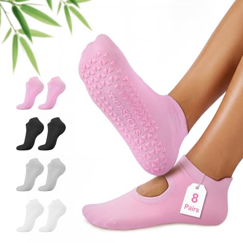 ALLIVE Pilates Socks with Grips for Women, Bamboo Breathable Non Slip Socks for Yoga, Barre, Studio, and Home Use - color: 8 Pairs 2black2grey2white2pink