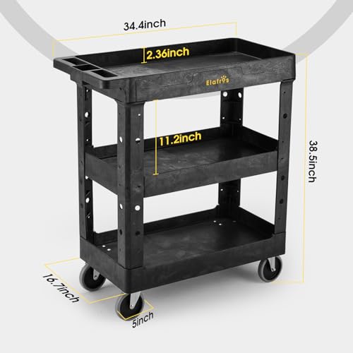 ELAFROS 3-Shelf Heavy Duty Plastic Rolling Utility Cart, 34 x 17 x 38.5 in