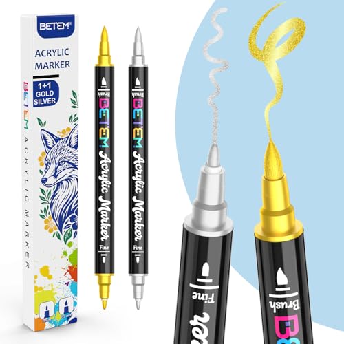 Betem 2 Gold & Silver Paint Markers for Glass, Dual Tip Acrylic Paint Pens | Window, Fabric, Wood, Rock, Canvas, Acrylic Markers with Fine & Brush Tip, Art & Craft Supplies, Wine Glass Markers