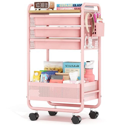 KINGRACK 3 Tier Rolling Cart with Drawer, Metal Utility Storage Cart, Pink | 3 Drawers, Pegboard & Wood Tabletop, Lockable Wheels, 4 Hooks & 1 Bin, for Living Room,Bedroom,Craft Room,Office,Kids Room - color: Pink