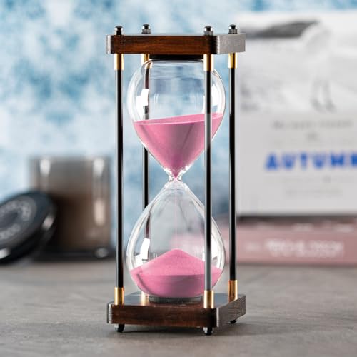 SAMLONG Large Hourglass Timer 60 Minute, Decorative Wood Sand Timer, Pink | 1 Hour Metal Sand Clock, Modern Office Home Décor - color: Pink Sand