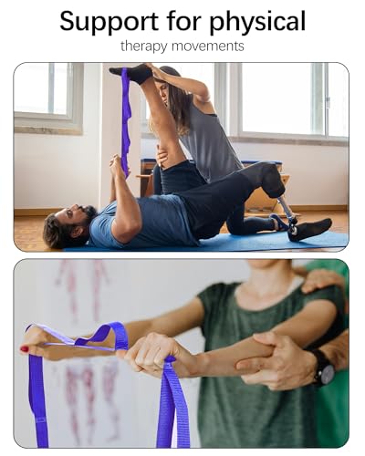 10 Loop Yoga Stretching Strap for Physical Therapy - Non-Elastic Exercise Band for Pilates, Yoga, Stretching for Women & Men - color: Blue