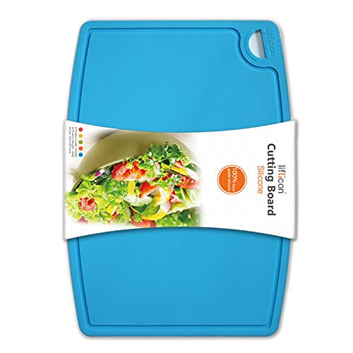 Liflicon Thick Silicone Cutting Board 12.6'' x 9.1'' Foldable & Flexible Design Juice Grooves Easy Grip Handle Dishwasher Safe-Blue - color: Blue, size: 12.6"L x 9.1"W