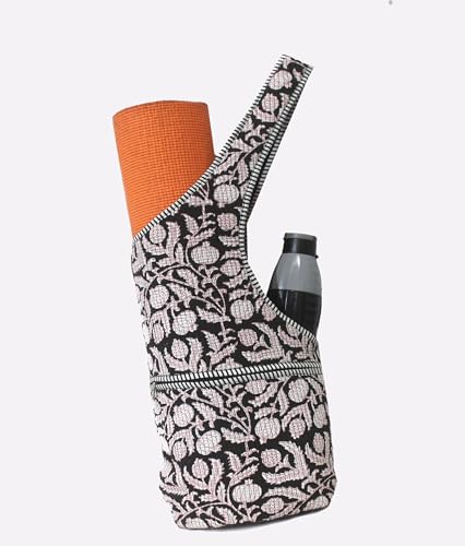 INDIAN CRAFT CASTLE Yoga Mat Bag | Tote Mat Bag | Sling Yoga Tote w/Large Side Pocket & Zipper Pocket | Yoga Mat Carrier Fits Most Size Mats - color: Black & Pink
