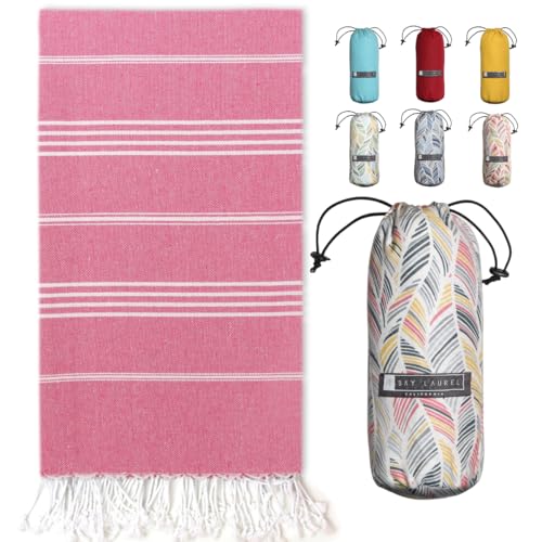 BAY LAUREL Turkish Beach Towel with Travel Bag 39 x 71 Quick Dry Sand Free Lightweight Large Oversized Towels Light - color: Light Pink With Pink Floral