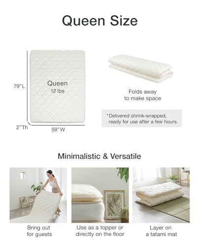 FULI Japanese Futon, Queen Size, White - Foldable Shikibuton Floor Bed | Medium Firm Quilted Cotton Sleeping Pad, Portable Roll-Up Japanese Floor Bed for Guests & Small Spaces, 100% cotton surface - size: Queen (79"L x 59"W), style: Standard
