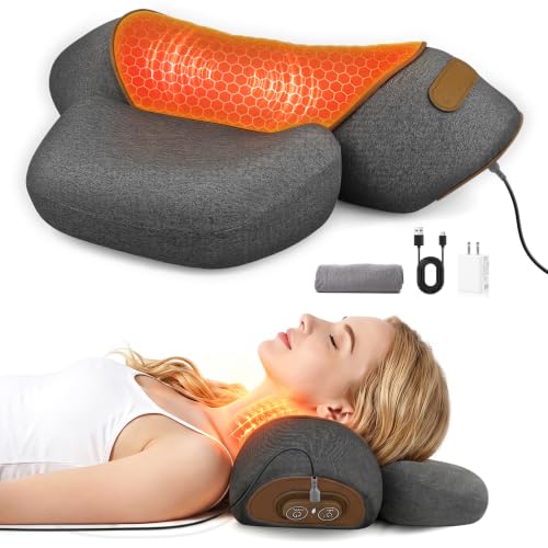 3-in-1 Neck Massager Pillow with Heat & Traction, Deep Tissue Cervical Traction Device for Neck Hump Corrector, Shoulder & Upper Back Pain Relief, Relaxing TheraPillow Support
