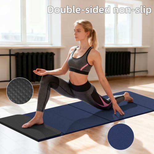 Foldable TPE Yoga Mat Thick 10mm,75" x40"Extra Large Exercise Mats | Stretch Mat Non-slip Fitness Folding Mat Easy to Carry,Wide Gym Mats for Women Men Suitable for Home Workout Travel Pilates - color: Dark Blue