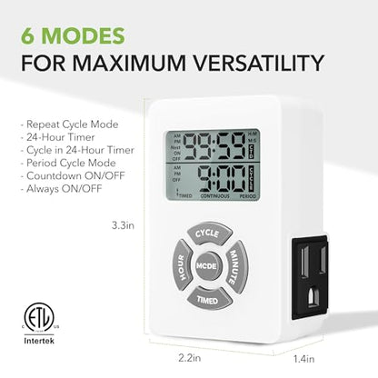 BN-LINK Digital Outlet Timer with Interval Repeat Cycle Indoor,24 Hour Programmable Outlet Timers for Electrical Outlet, Energy Saving 3 Prong Plug-in Outlet with Countdown On/Off,125V/15A/1875W - color: 24 Hour, Single Outlet, 1-pack