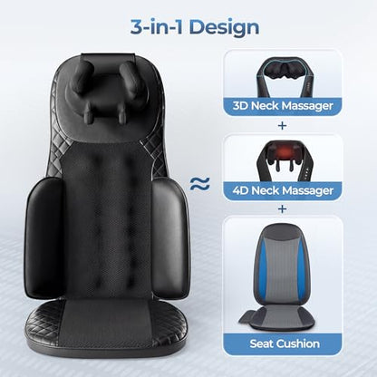 Massage Chair Pad, 3-in-1 Shiatsu Neck and Back Massager Cushion with Heat, Adjustable Height & Intensity, Full Body Massage Pad for Recliner and Sofa, Fathers Day Dad Gifts - color: Black