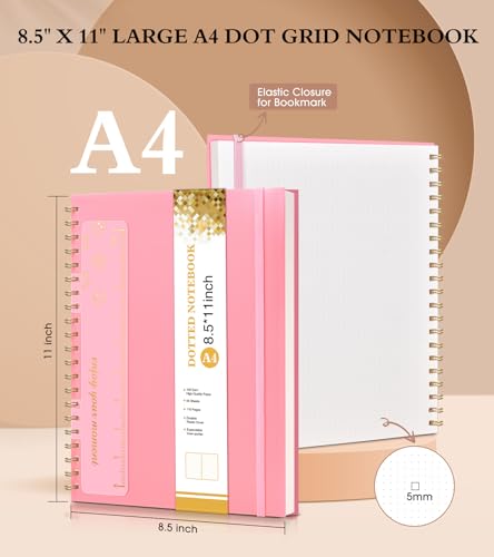 UEBZFOCS Dotted Notebook, Spiral Notebook Journal 8.5” x 11”, A4 Large Dot Grid Notebooks for Women Men, 100 GSM Dotted Paper, Plastic Hardcover Spiral Bullet Journals for Work School Sketching, Pink - color: Pink, size: Dotted