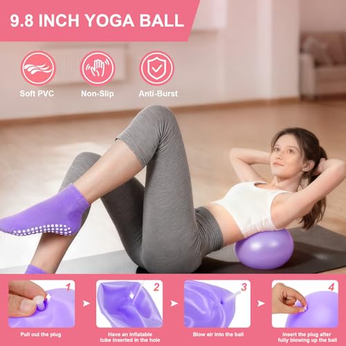 Pilates Ring and Ball Set for Women, Home Workout Pilates Kit, Magic Circle Hoop with 5 Resistance Bands, Pilates Equipment Fitness Essentials Starter Set Accessories - color: Purple