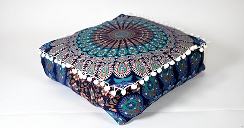INDIAN CRAFT CASTLE ICC Mandala Barmeri Large Floor Pillow Cover Cushion Meditation Seating Ottoman Throw Cover Hippie Decorative Zipped Bohemian Pouf Ottoman Cases Blue Peacock, 18" Square - color: Blue, size: 18"D x 18"W x 5"H