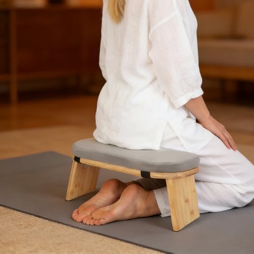 Meditation Benches, Folding Meditation Kneeling Stool with Footpads, Bamboo Sturdy Meditation Chair with Meditation Cushion as Yoga Bench, Prayer Bench, Floor Seat (Grey) - color: Grey