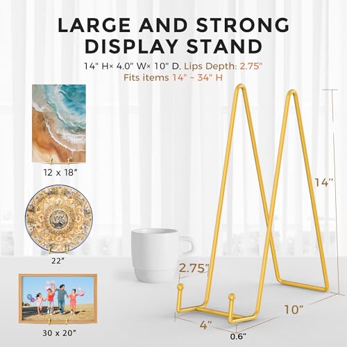 TR-LIFE 14 Inch Gold Metal Plate Stand (2 Pack) - Heavy Duty Display Easel for Large Plates, Frames, Platters and Art - size: 14 Inch