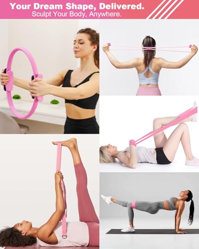Pilates Essential Kit, Pilates Equipment Set for Women with Pilates Ring and Ball Set, Resistance Bands, Jump Rope and Core Sliders at Home Pilates Kit for Women Yoga Fitness Workouts&Better Me Gifts