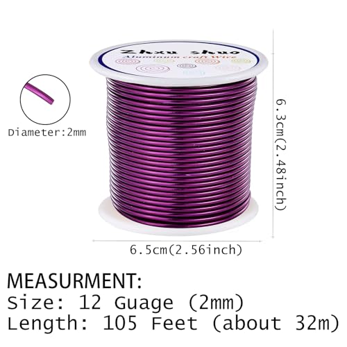 12 Gauge(2mm) Aluminum Wire 35 Yards Anodized Metal Wire for Bonsai Armature Crafting Sculpting Jewelry Craft Making Beading Floral (Purple, 12 Gauge) - color: Purple