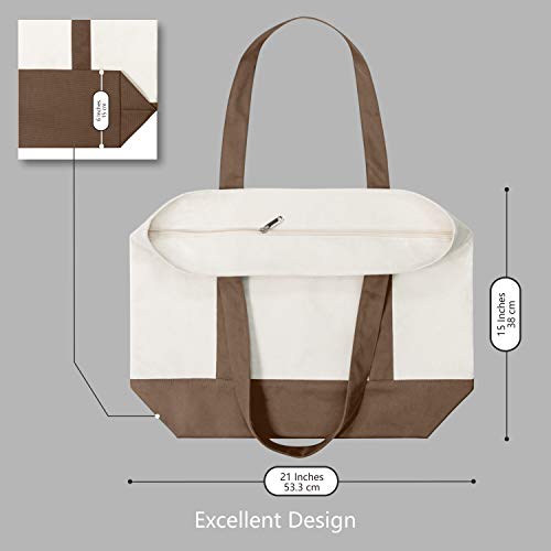 TOPDesign 1-Pack Canvas Tote Bag with an External Pocket, Reusable Grocery Shopping Bag, Top Zipper Closure, Daily Essentials (Brown/Natural) - color: Brown/Natural