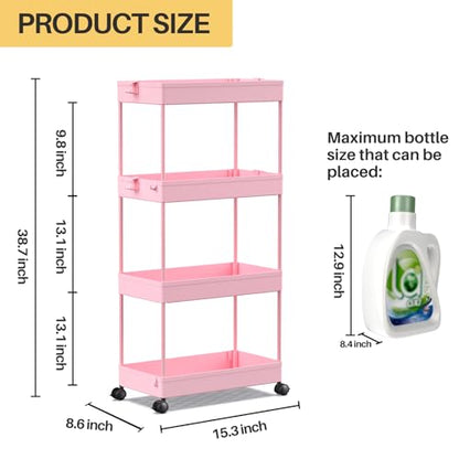 SPACEKEEPER 4 Tier Rolling Cart, Bathroom Cart Organizer with Wheels, Pink - color: Pink, size: 4 Tier