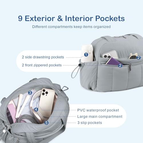 TOPDesign Travel Duffel Bag for Women, Puffer Gym Bag Sports Tote with Wet Pocket, Carry On Weekender with Luggage Sleeve (Light Grey) - color: Light Grey