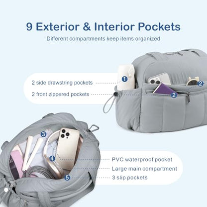 TOPDesign Travel Duffel Bag for Women, Puffer Gym Bag Sports Tote with Wet Pocket, Carry On Weekender with Luggage Sleeve (Light Grey) - color: Light Grey
