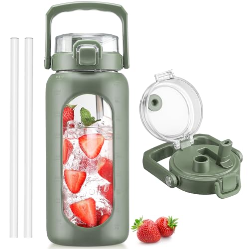 BLUEGO 64oz Glass Water Bottle with Handle and Straw, Motivational Sports Water Bottle with Time Marker and Silicone Sleeve Leakproof Drinking Bottle for Travel Gym Workout, Olive - color: Olive, size: 64 Ounces