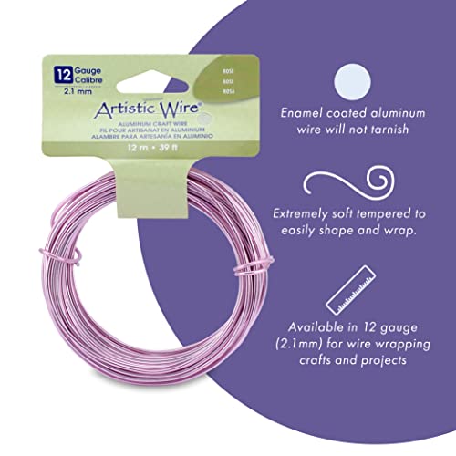 Artistic Wire Aluminum Craft Wire, 12 Gauge - Bendable, Floral, Armature, Sculpture, Jewelry Making, Round, Rose, 39.3 ft - color: Rose