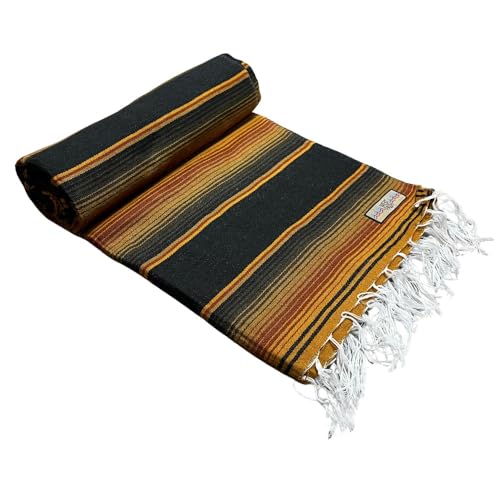 Open Road Goods Authentic Mexican Serape Blanket - Multicolor Saltillo Throw with Classic Stripe Pattern - Lightweight Handmade Blanket for Beach, Yoga, or Home Decor (Yellow Black) - color: Terra Brown