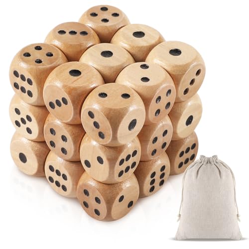 50 Pcs Wooden Dice Set 16mm Standard Wooden Dice Bulk 6 Sided with Rounded Corners Wood Game Dice with Carry Bag for Table Games Party Favors