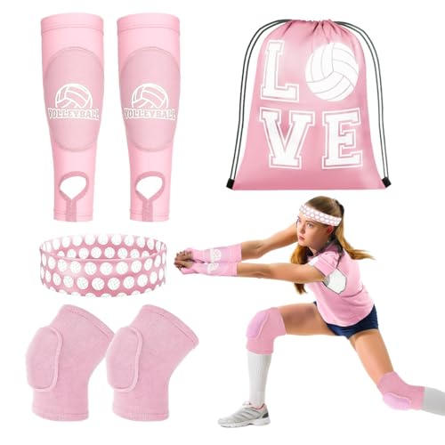 6 Pcs Volleyball Knee Pad and Arm Sleeve Volleyball Accessories Kit Youth Volleyball Knee Pads Volleyball Arm Sleeves Protection Volleyball Headband Drawstring Bag for Women Men Adult - color: Pink, size: Small