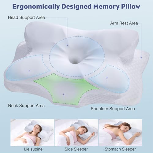 Cervical Neck Pillow - Memory Foam Pillow for Neck Support and Pain Relief, Ergonomic Contour Pillow for Side Back and Stomach Sleepers, Soft and Cooling Ice Silk Washable Pillowcase - color: White White